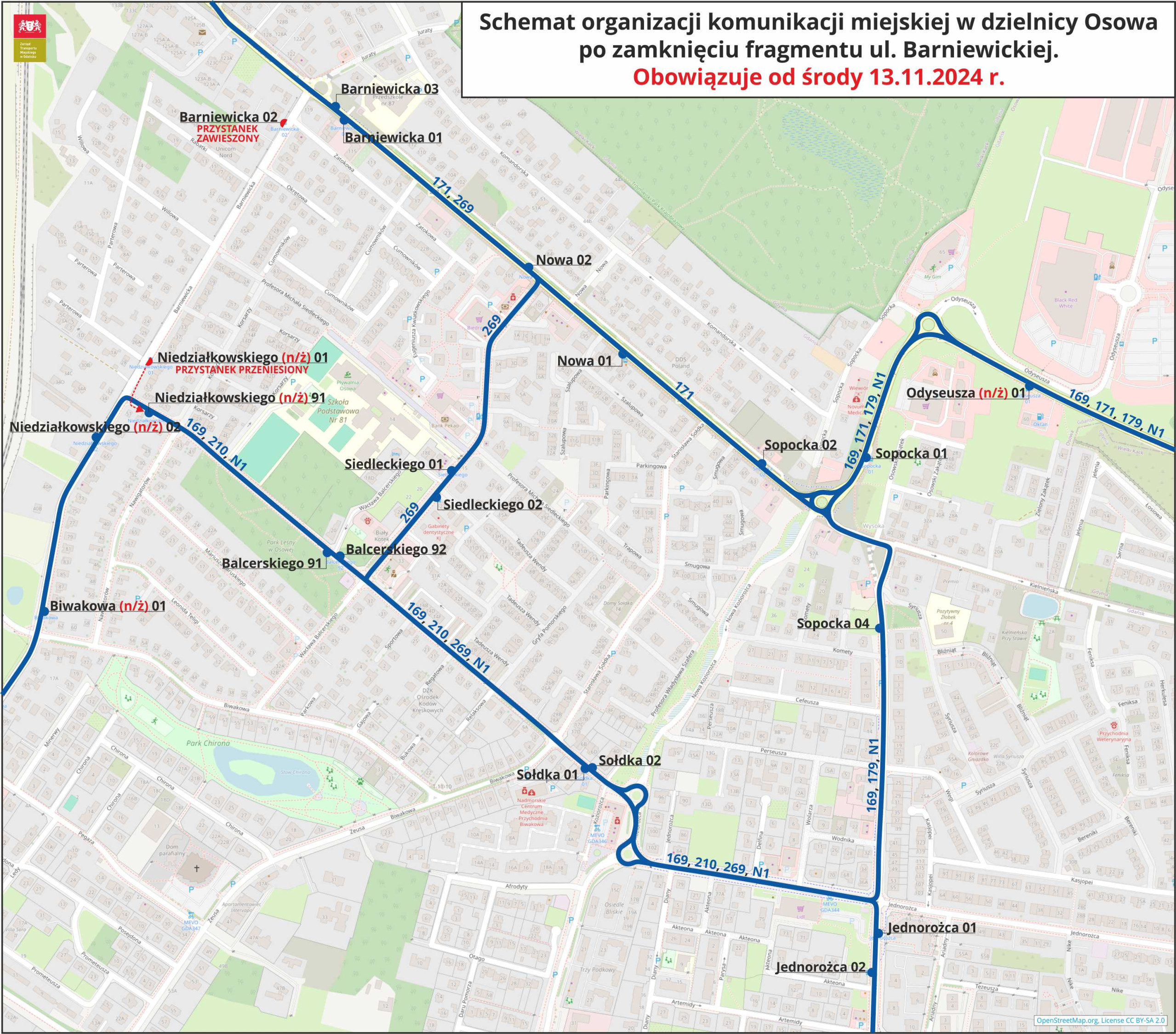 remont ul. Kielnieńskiej, mapa, autobusy, Gdańsk