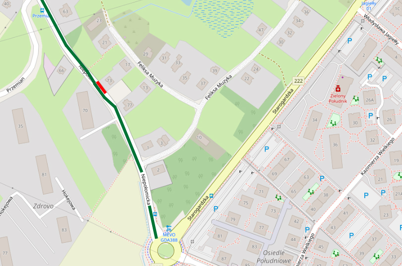 mapa utrudnień na ul. Niepołomickiej w Gdańsku