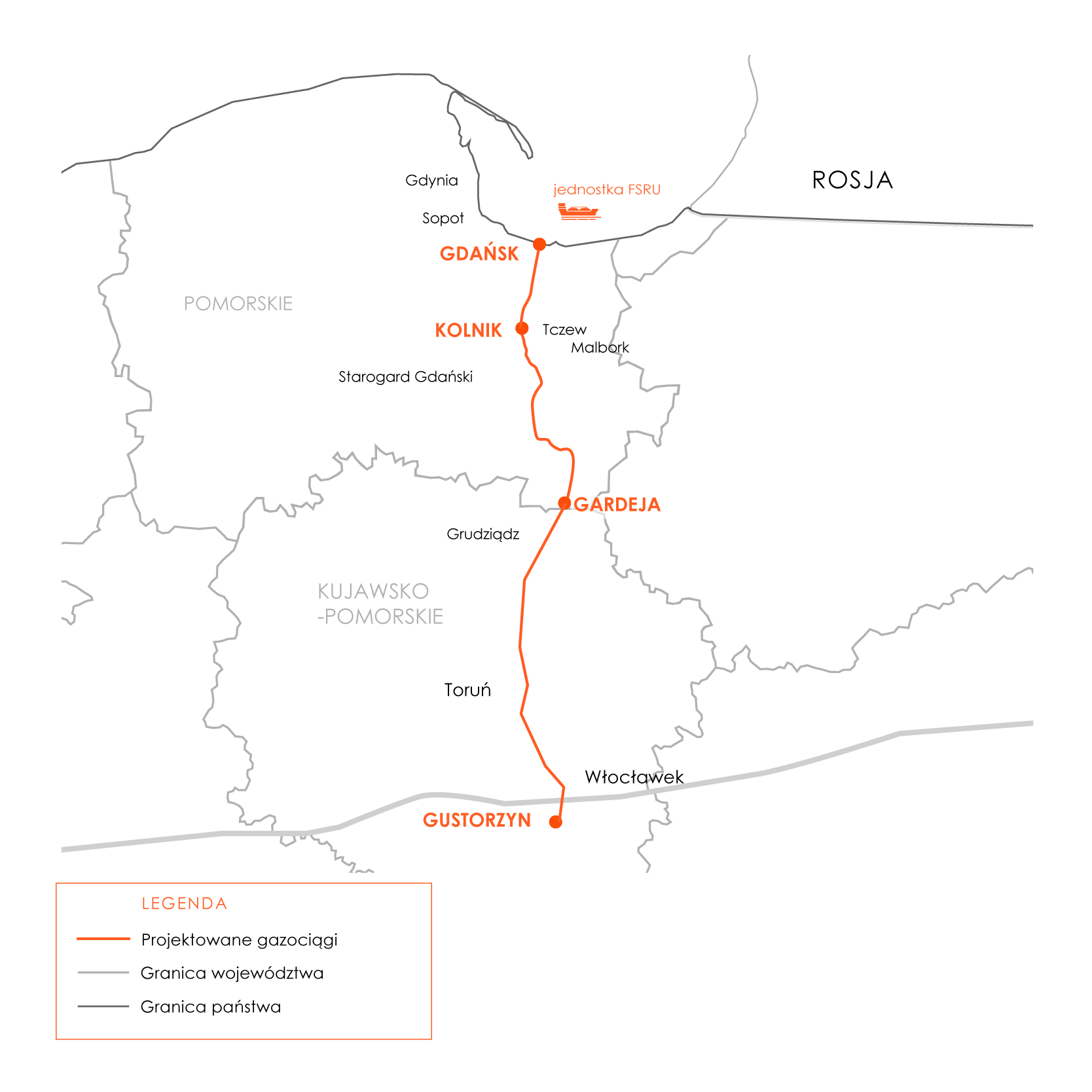 mapa gazociągów biegnących od teminalu LNG