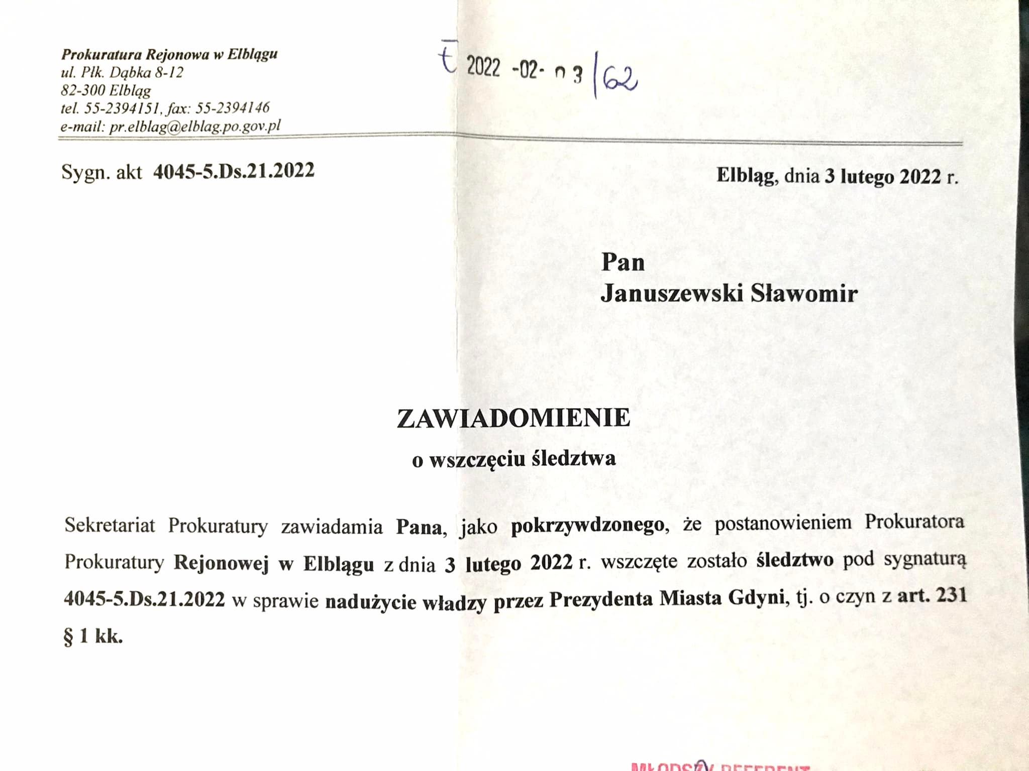 Zawiadomienie o wszczęciu śledztwa w sprawie braku publikacji zarządzeń prezydenta Gdyni